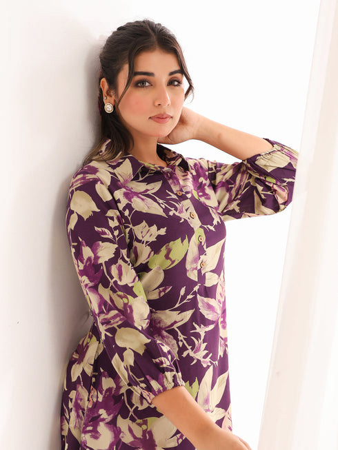 Janasya Women's Purple Rayon Floral Printed A line Dress